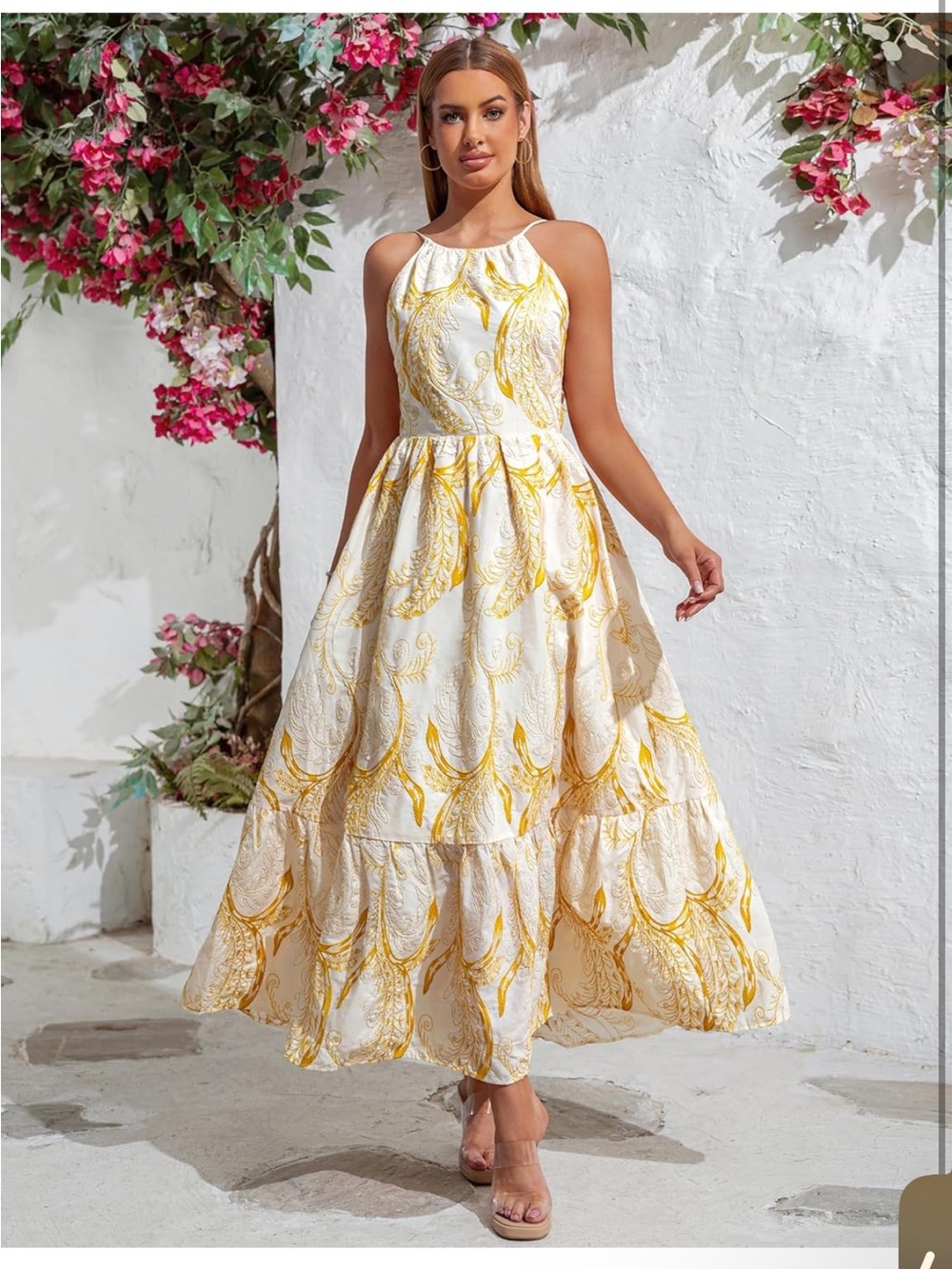 Halter White Maxi Dress with Yellow Scroll Print